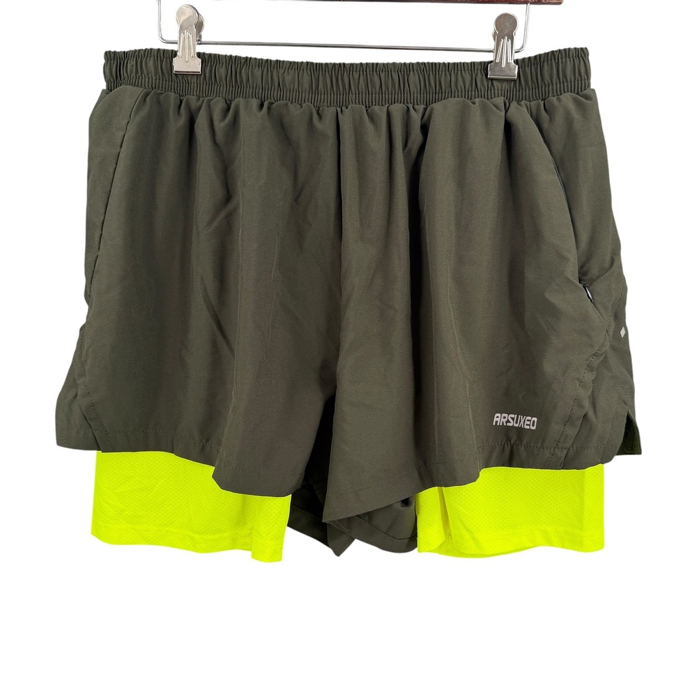 ARSUXEO‎ 2-in-1 Running Shorts XXL Green Neon Yellow Athletic Training Gym